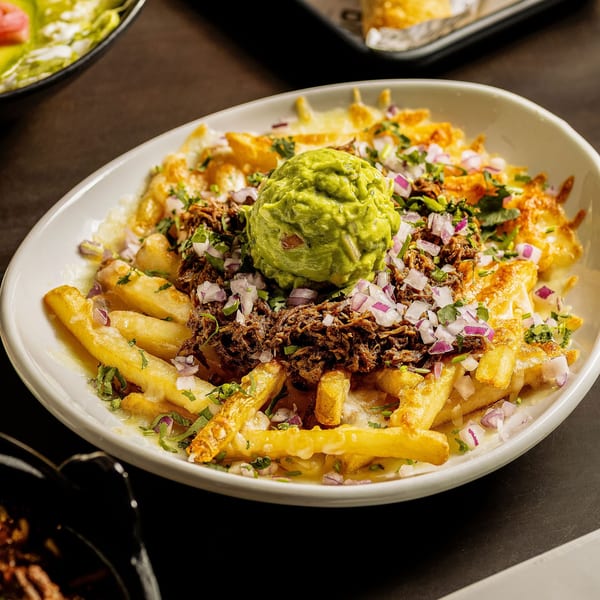 Birria Love's birria fries, topped with guacamole, shredded beef, red onions, and cilantro.