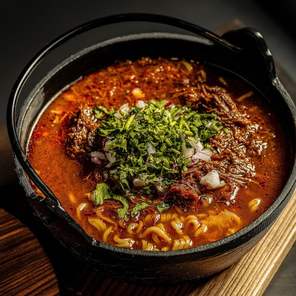 Birria Love's birria ramen in a black pot, topped with cilantro and diced onions.